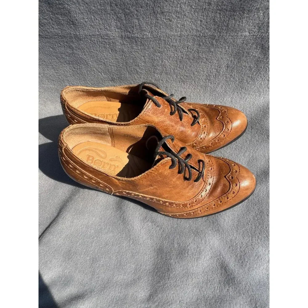 Born Womens 6 Brown Leather Wingtip Oxford Heels Lace Up Block Heel Pumps W12431